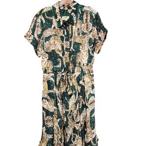 Maeve Teal and White Animal-Print Shirt Dress Medium